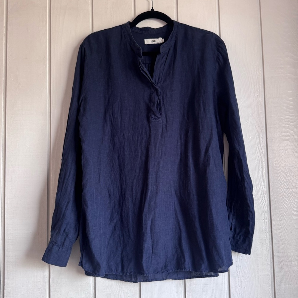 0039 Italy Navy Blue Linen Blouse